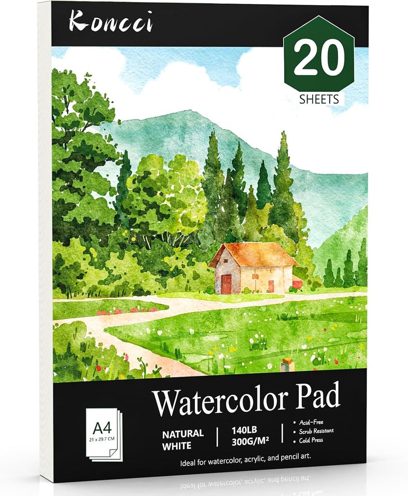 KORCCI Watercolor Paper Pad (8.3"x11.7"-A4), 20 Sheets Watercolor Sketchbook, 140lb/300gsm, Glue Bound, Natural White, Cold Press & Acid-Free Water Color Paper for Beginner Students - Image 1